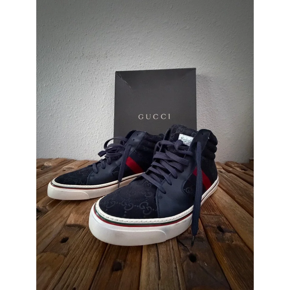 Gucci High Top Sneakers Size 8 Navy Blue GG Monogram Web Stripe 221825